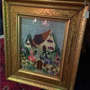 Vintage Framed Cottage Needlepoint Art